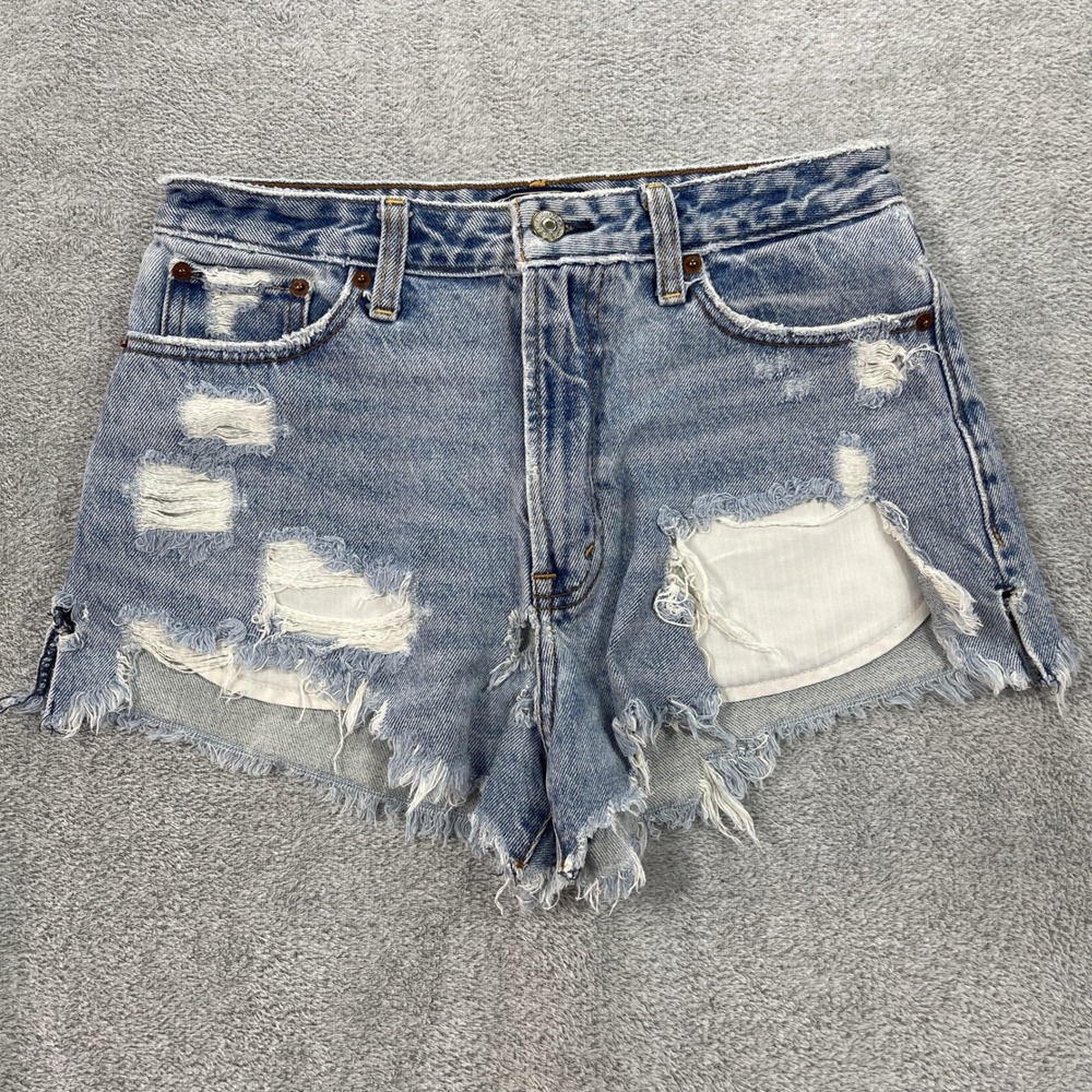 Abercrombie & Fitch Jean Shorts Women 27/4R Blue Annie Heavy Distressed Denim